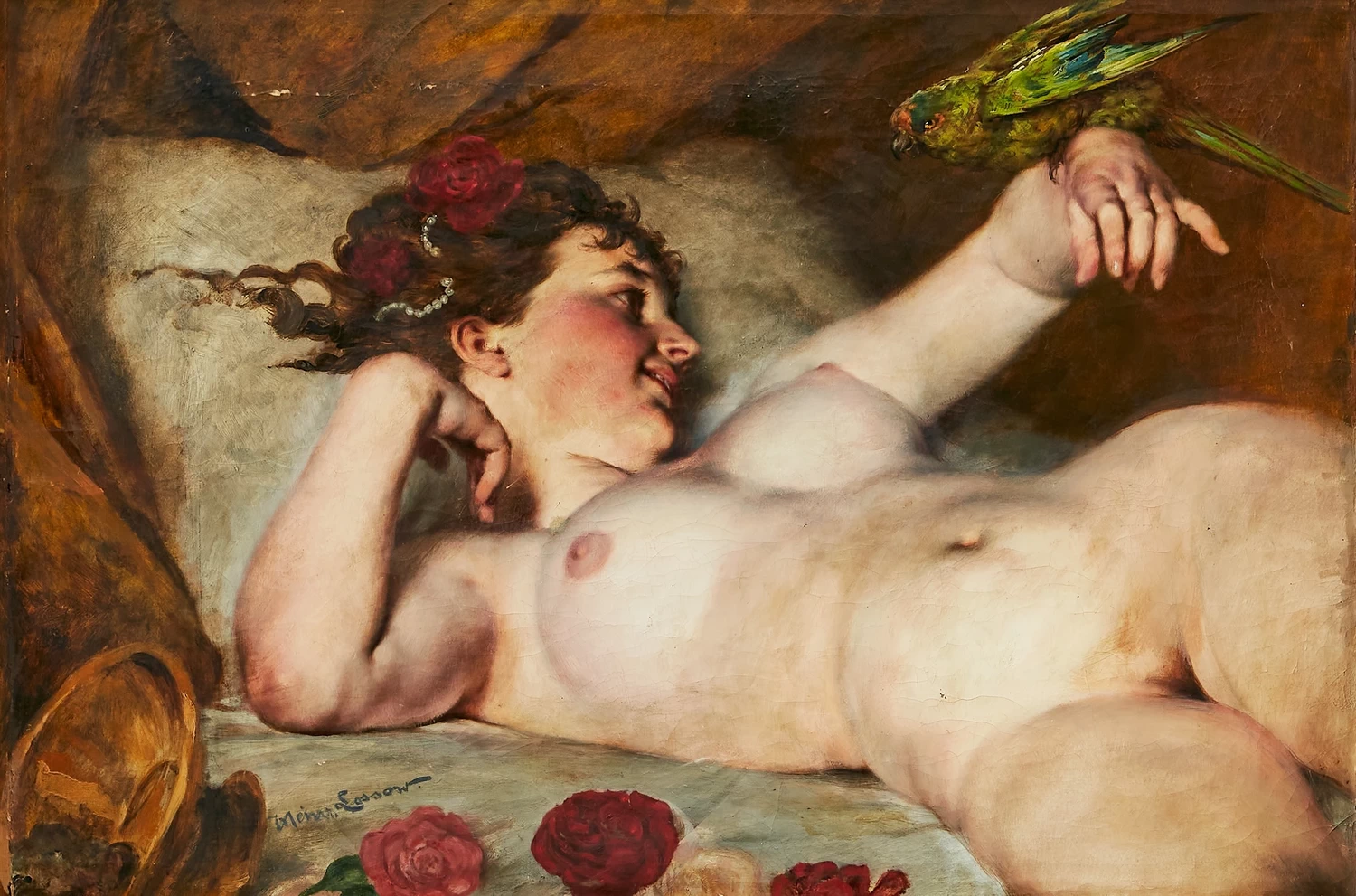 Sdraiata nuda con un pappagallo